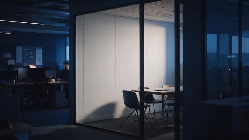 Sala de reuniones acristalada con una mesa y varias sillas, en la oficina de un equipo de producto