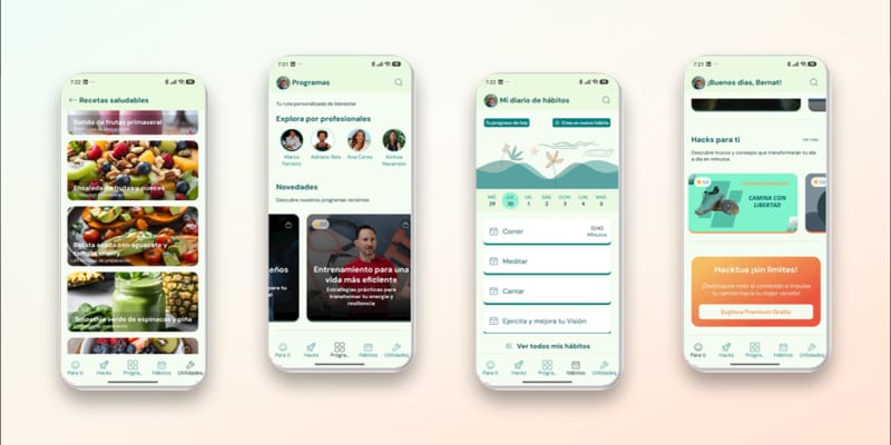 Pantallas de la app Hacktua: recetas saludables, programas con expertos, diario de hábitos y home con suscripción Premium