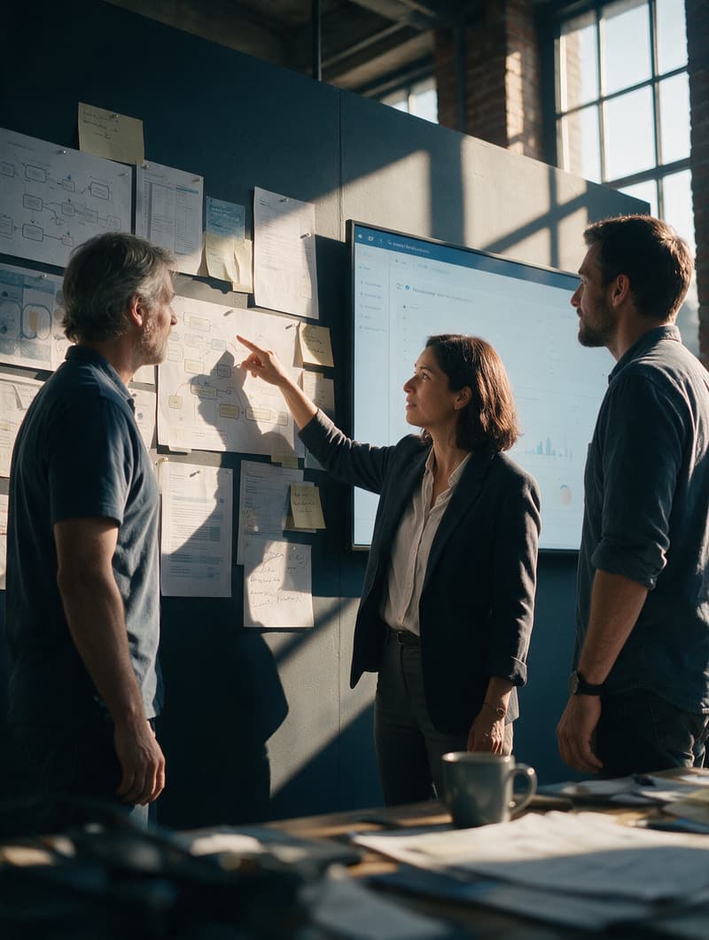 Una directiva de negocio y dos ingenieros conectan los procesos y documentos de la empresa, clavados en la pared, con un asistente de IA en una pantalla