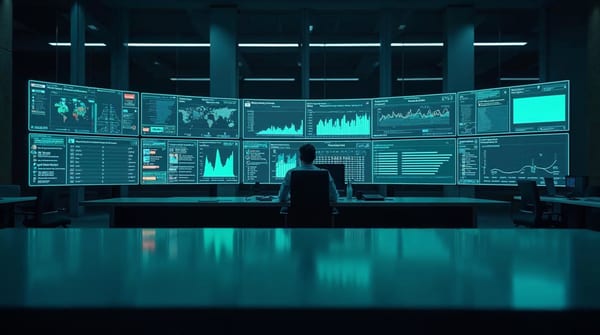 Sala de operaciones con múltiples pantallas de monitorización mostrando dashboards de métricas de calidad y alertas para agentes IA en producción