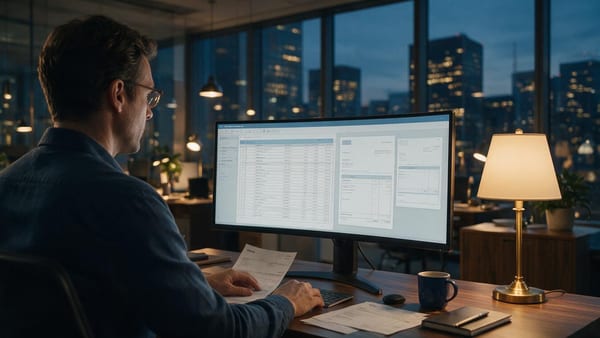 Profesional de finanzas revisando facturas y un libro de cuentas por pagar en pantalla al anochecer, ilustrando la automatización de cuentas por pagar con IA gobernada
