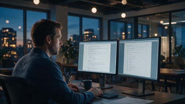 Bid manager revisando el documento de requisitos de una RFP y una lista de verificación en dos pantallas al anochecer, ilustrando la automatización de la respuesta a RFP con IA gobernada