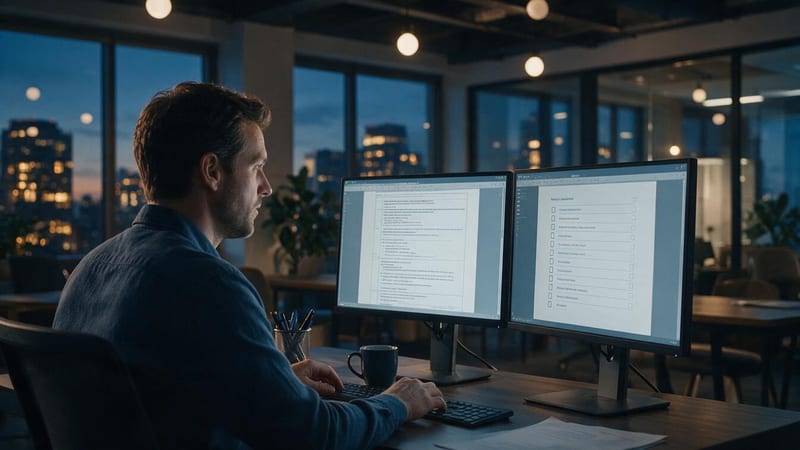 Bid manager revisando el documento de requisitos de una RFP y una lista de verificación en dos pantallas al anochecer, ilustrando la automatización de la respuesta a RFP con IA gobernada