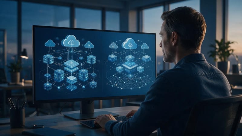 Arquitecto cloud comparando dos arquitecturas de plataforma de IA empresarial en pantalla al anochecer, ilustrando la decisión entre AWS Bedrock y Azure OpenAI para mid-market
