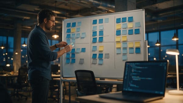 Líder de ingeniería comparando opciones en una pizarra con tres columnas en una oficina tecnológica al anochecer, ilustrando la decisión entre Claude, Cursor y Copilot para empresas