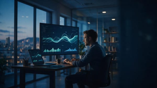 Ingeniero de producto analizando gráficas de evaluación y coste de una feature de IA en pantalla al anochecer, ilustrando cómo medir si la IA de un producto SaaS funciona