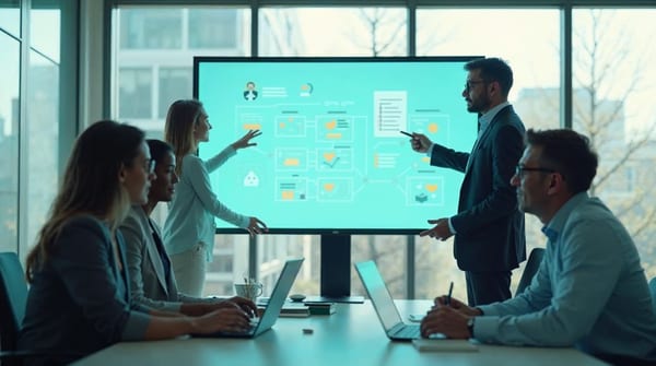 Equipo multidisciplinar reunido en oficina moderna analizando un diagrama de procesos organizativos y flujos de IA en una pantalla grande, mientras un líder técnico explica el rediseño del modelo operativo