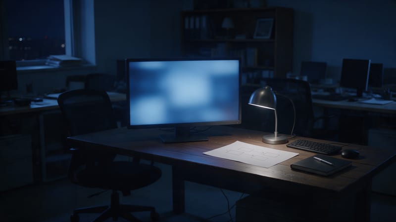 Deuda de comprensión: oficina de ingeniería de noche, sin nadie, con una pantalla encendida y desenfocada en azul y, bajo un flexo, una hoja con un esquema de cajas y flechas