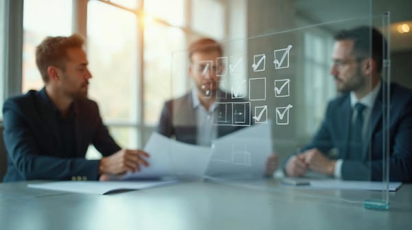 CIO y CTO revisando propuestas de IA partners en una sala de reuniones corporativa con luz natural, con cinco criterios de selección destacados en un panel translúcido