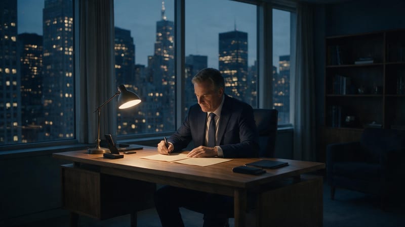 Directivo escribiendo a mano un documento breve en su despacho al anochecer, con la lámpara encendida