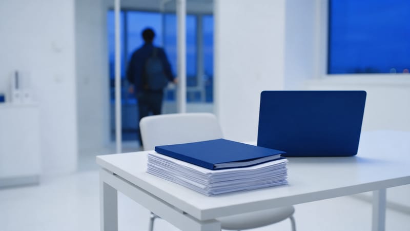 Taula blanca amb una pila de documents impresos sota una carpeta blau marí i un portàtil tancat, mentre al fons, desenfocada, una persona d'esquena amb motxilla surt per una porta de vidre al vespre
