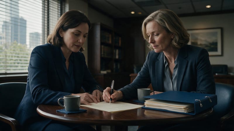 Dos compañeras revisando y firmando un documento de políticas impreso sobre una mesa de reuniones