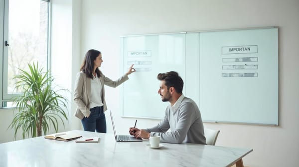 CTO español sentado en oficina muy luminosa con luz natural junto a una ejecutiva señalando un panel dividido en dos columnas etiquetadas IMPORTAN y RUIDO para filtrar los 200+ anuncios de Google Cloud Next 2026