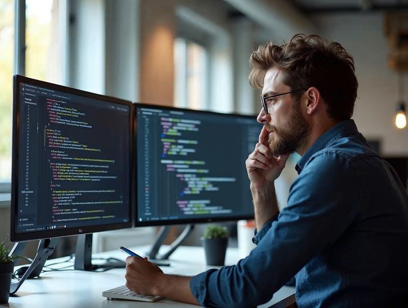 Tech Lead en oficina de startup tecnológica barcelonesa comparando un documento HTML estructurado con texto Markdown en dos monitores — decisión de formato para artefactos de Spec-Driven Development