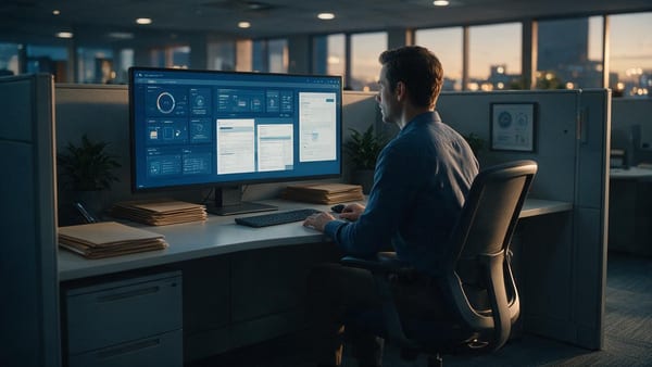Profesional de operaciones de una aseguradora revisando documentos de siniestros y suscripción en pantalla al anochecer, ilustrando por qué los pilotos de IA del sector seguros no llegan a producción