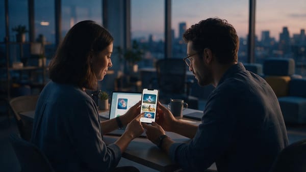 Equipo de producto revisando la interfaz de una app de salud y bienestar con recomendaciones personalizadas en un móvil al anochecer, ilustrando cómo llevar la IA de un producto de salud digital a producción