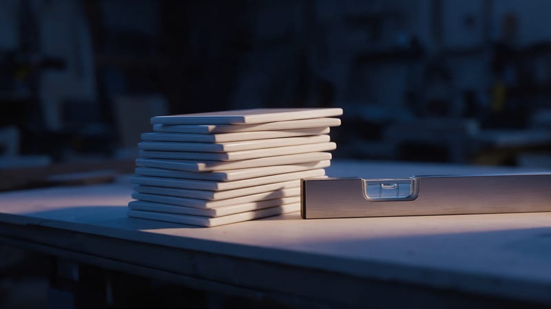 IA y estabilidad de la entrega de software: pila irregular de baldosas blancas junto a un nivel de burbuja de acero sobre un banco de trabajo, en luz azul