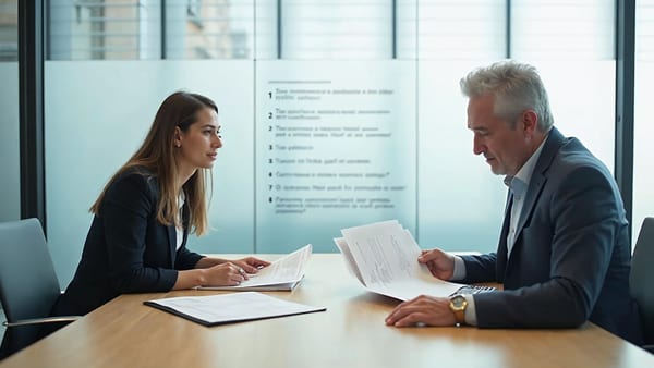 CIO y CTO en una sala de juntas luminosa de una oficina corporativa española revisando propuestas de RFP de IA con un panel translúcido detrás mostrando siete criterios de evaluación de ingeniería de contexto