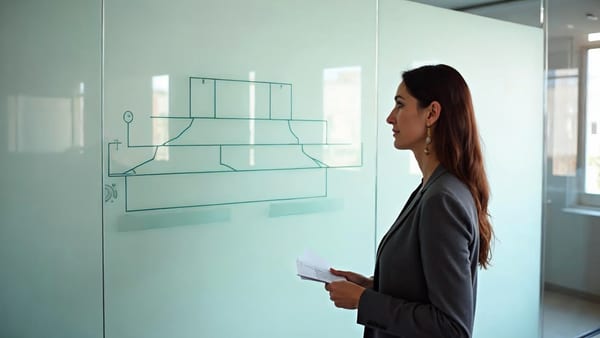 Arquitecta senior de IA en una oficina luminosa de Barcelona estudiando un diagrama de cinco capas dibujado sobre un panel de cristal traslúcido — representa la arquitectura de ingeniería de contexto sobre la que se construyen agentes de IA empresariales
