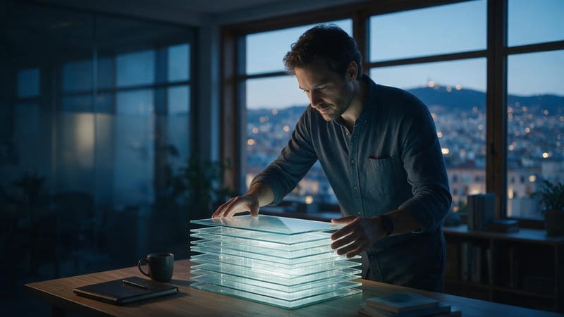 Arquitecto de software observando capas de paneles de cristal que forman una pila estructurada, metáfora de la ingeniería de contexto como base reutilizable frente al prompt como capa superior