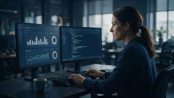 Ingeniera de software estudiando paneles de métricas y registros en dos monitores en una oficina en penumbra