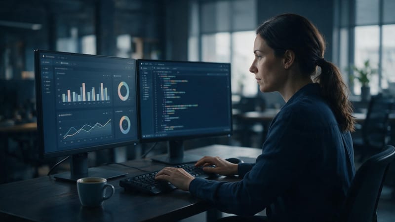 Ingeniera de software estudiando paneles de métricas y registros en dos monitores en una oficina en penumbra