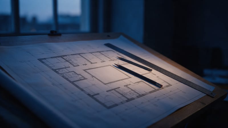 Un plano de arquitecto sobre una mesa de dibujo inclinada, con una estancia dibujada a lápiz pero sin nombre ni medidas, junto a dos lápices y una regla metálica, con una ventana y luz azul del anochecer