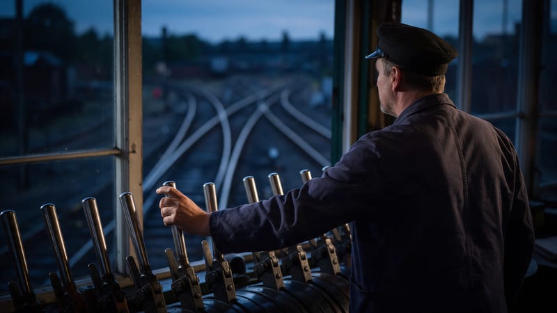 Un operador ferroviario apoya la mano en una palanca de agujas dentro de una cabina de enclavamiento al anochecer, frente a un haz de vías que se bifurca, como metáfora de Jev, el modelo de decisión de TypeSafe
