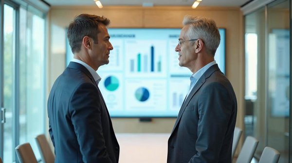 CTO y CFO frente a un panel con gráficos de TCO y exit cost de una plataforma de agentes IA, luz natural en sala de reuniones, representa la decisión make vs buy con datos