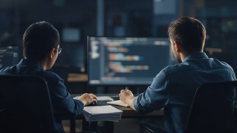 Dos ingenieros de software vistos de espaldas ante un monitor con código desenfocado: uno maneja el ratón, el otro anota en una libreta y una pila de folios crece en la mesa