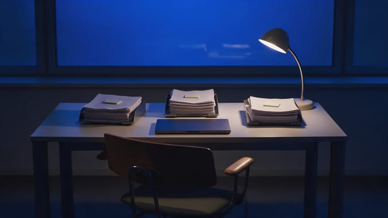 Una mesa de oficina al anochecer con tres pilas de documentos en bandejas metálicas, cada una con una nota adhesiva en blanco, un portátil cerrado, una lámpara encendida y una silla vacía frente a una ventana de luz azul