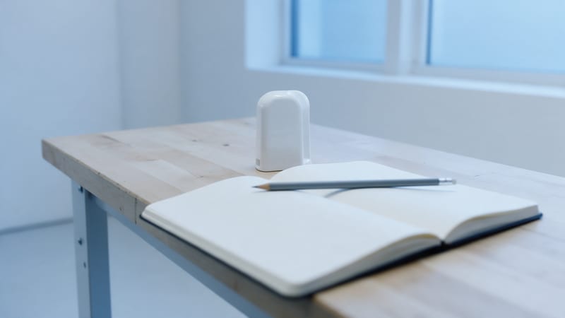 MVP con IA e hipótesis antes del producto: libreta abierta en blanco con un lápiz delante de un pequeño prototipo blanco sobre un banco de madera, con luz azul de ventana