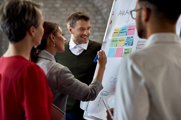Equipo de startup planificando el desarrollo de un MVP en pizarra con diagramas de producto y flujos de usuario