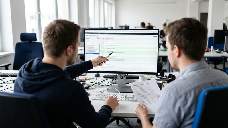 Dos personas de un equipo de desarrollo, vistas desde detrás, revisan en un monitor los cambios de una pull request con líneas añadidas y borradas; una señala la pantalla con un bolígrafo y la otra sostiene una lista impresa, en una oficina con luz de día