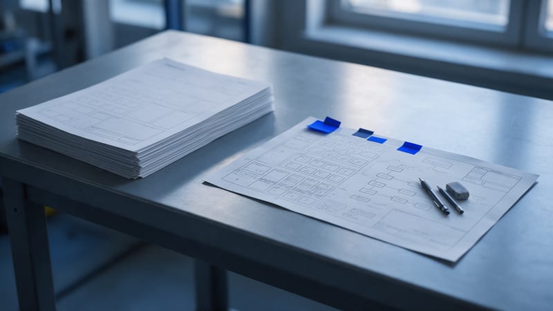 Mesa de trabajo gris con una pila de formularios en blanco, todos iguales, y al lado una sola hoja del mismo formulario trabajada a lápiz, con notas adhesivas azules: la plantilla y el método del equipo