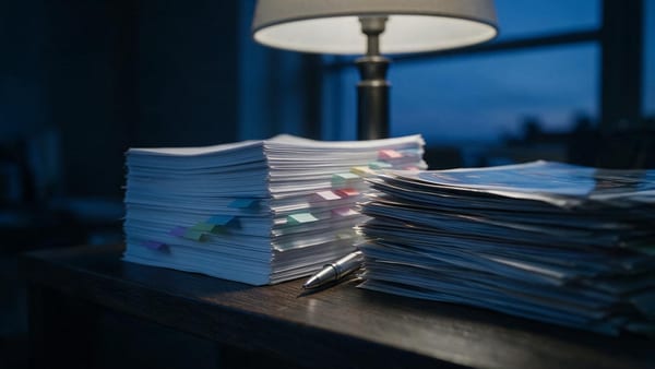 Dos memorias técnicas de licitación con pestañas de colores sobre un escritorio a la hora azul
