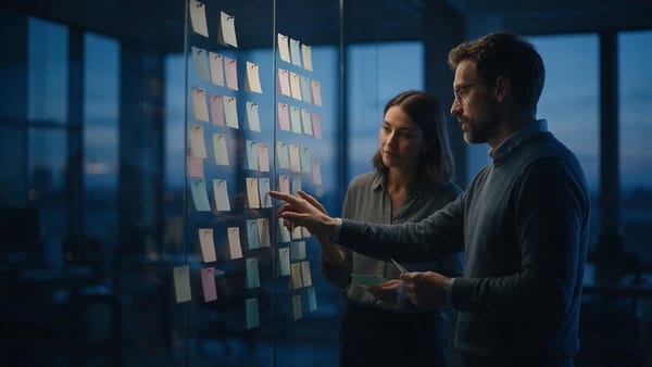 Líder de ingeniería y colega ante un tablero de sprint organizado en dos carriles paralelos, decidiendo y planificando — ilustra el Scrum dual-track acelerado con IA