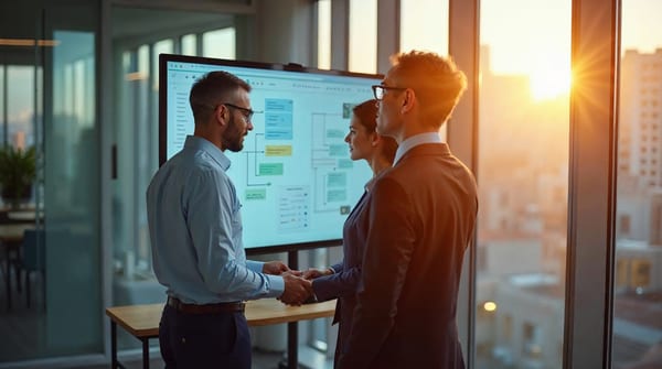 Dos arquitectos de software colaborando en oficina moderna con luz natural cálida revisando un diagrama de especificaciones conectado con flujos de orquestación agéntica en una pantalla grande