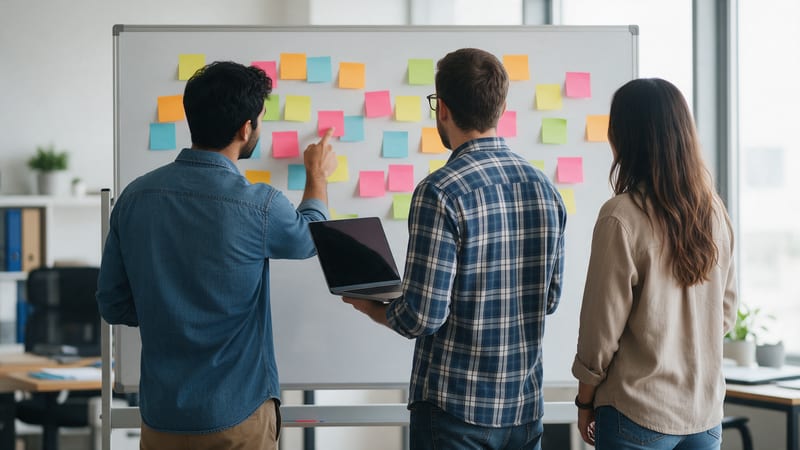 Tres personas de un equipo de desarrollo de espaldas ante una pizarra llena de notas adhesivas; una señala una nota y otra sostiene un portátil, con luz de día en una oficina
