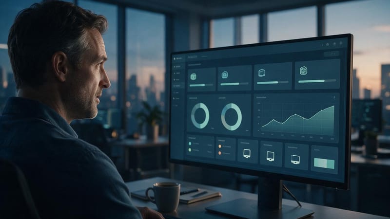 Responsable de tecnología revisando un inventario de herramientas de IA de la empresa en pantalla al anochecer, ilustrando el shadow AI y su gobernanza