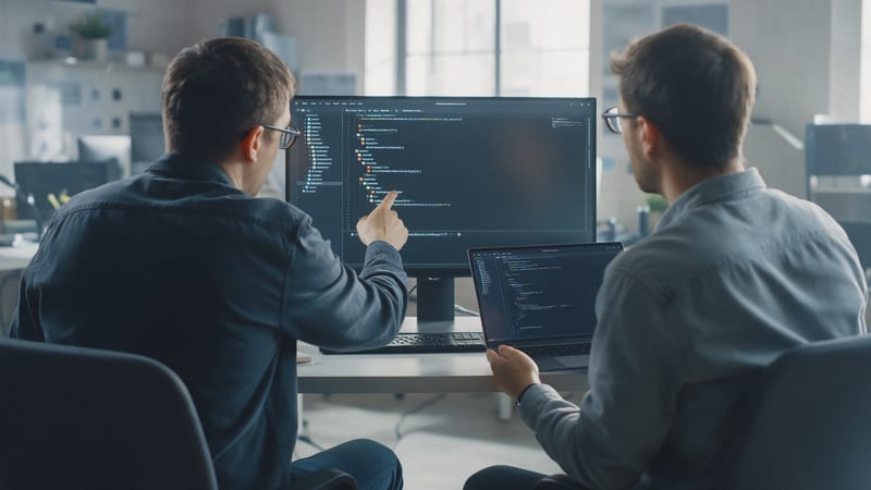 Dos desarrolladores de espaldas ante un monitor con un árbol de carpetas y código; uno señala la pantalla y el otro sostiene un portátil, con luz de día en una oficina