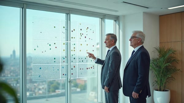 CIO y CTO españoles en una sala de juntas luminosa de Madrid revisando una matriz de control sobre un panel translúcido — representa el split de control de soberanía agéntica en ocho ejes operativos