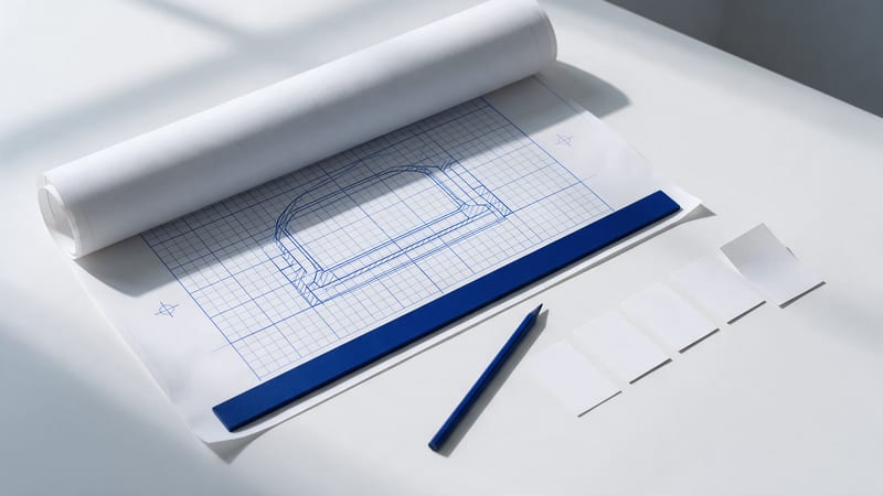 Sobre una mesa blanca, un plano técnico medio desenrollado y sujeto con una regla azul y, al lado, un lápiz y una fila corta de fichas en blanco puestas en orden: el diseño y los ciclos cortos