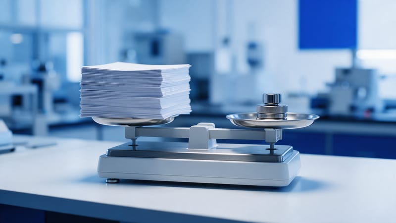 Tesis de valor de la IA en un equipo de desarrollo: balanza de precisión sobre un banco de trabajo blanco, con una pila de hojas en un platillo y una pesa de calibración de acero en el otro, en luz azul fría