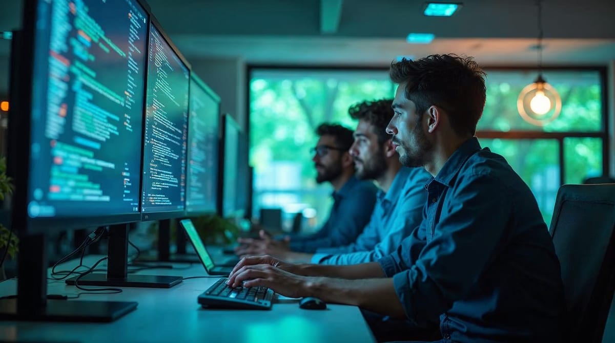 Equipo de developers colaborando con IA en oficina moderna